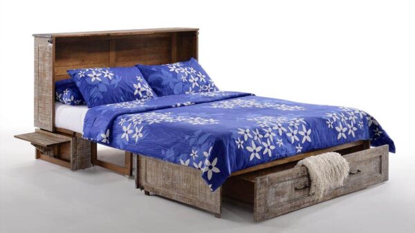 Open chest bed with blue bedding