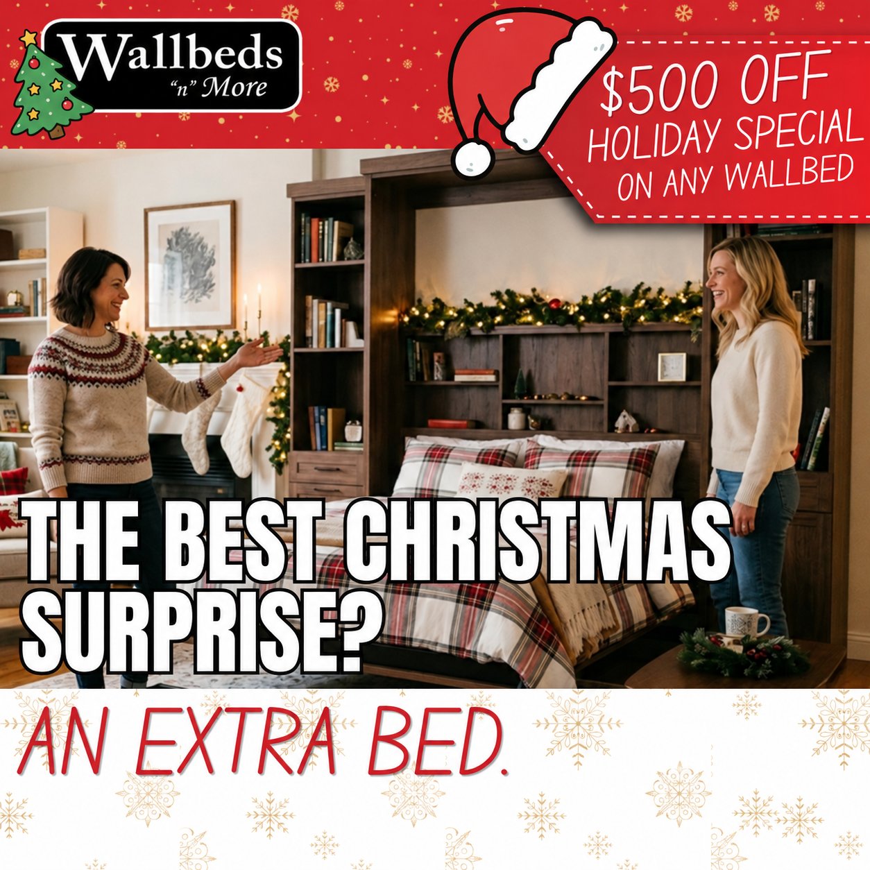 Woman showing a guest a Christmas-decorated wallbed – $500 off holiday special