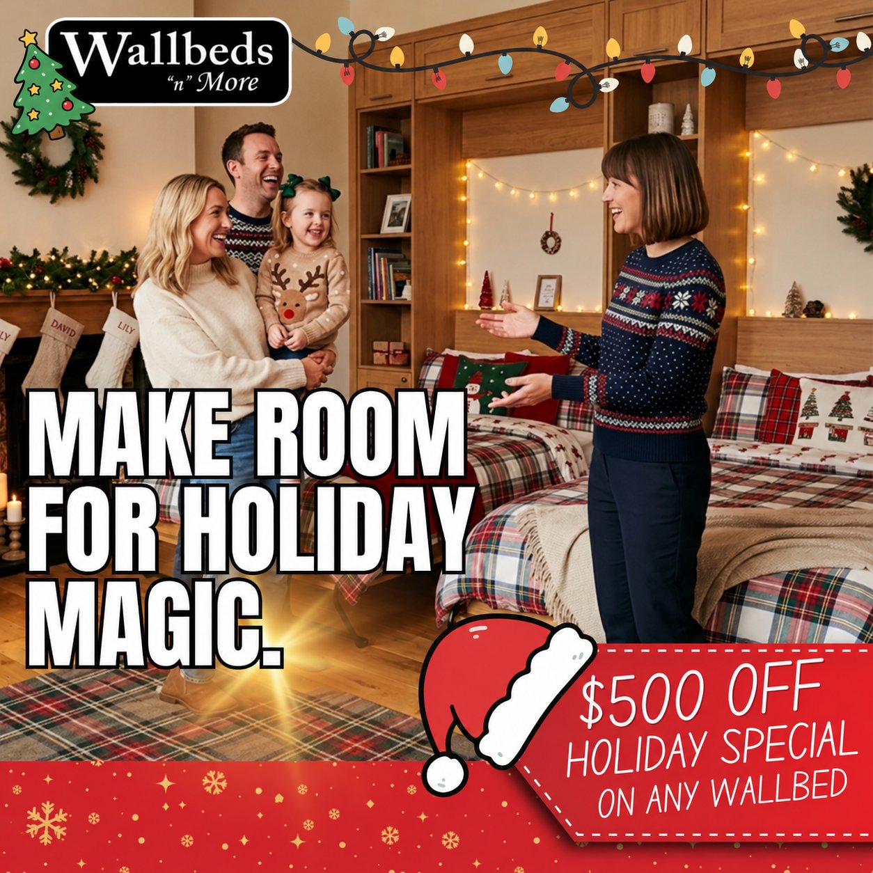Family in a festive guest room with wallbeds – make room for holiday magic