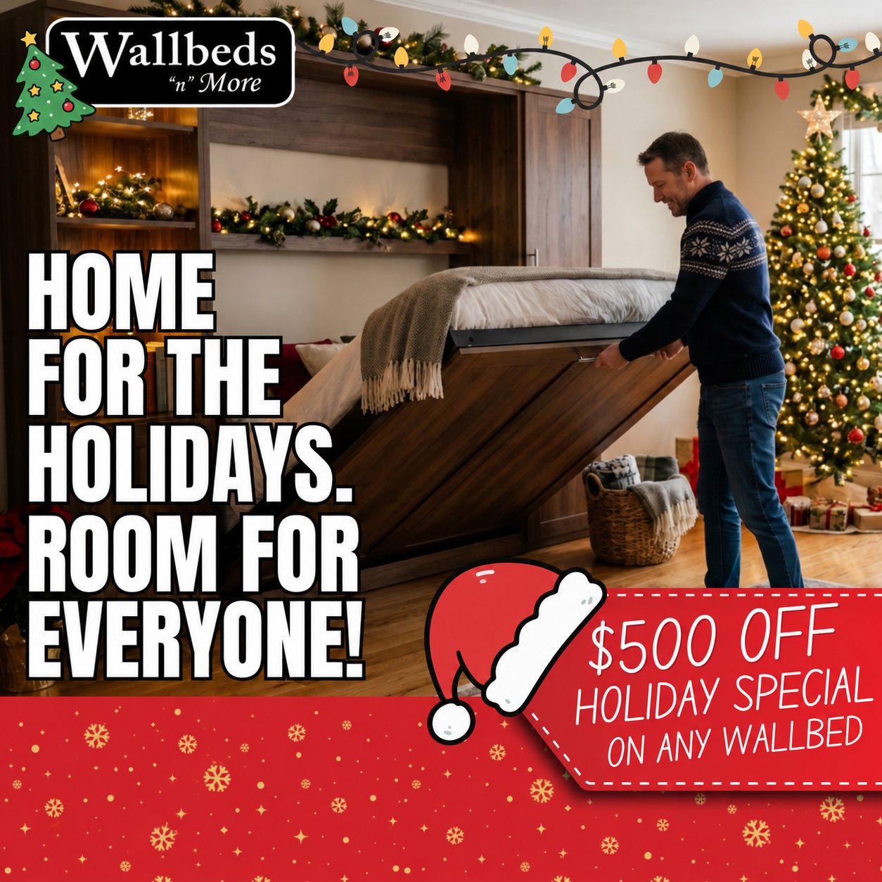 Man lowering a wallbed by a Christmas tree – home for the holidays, room for everyone