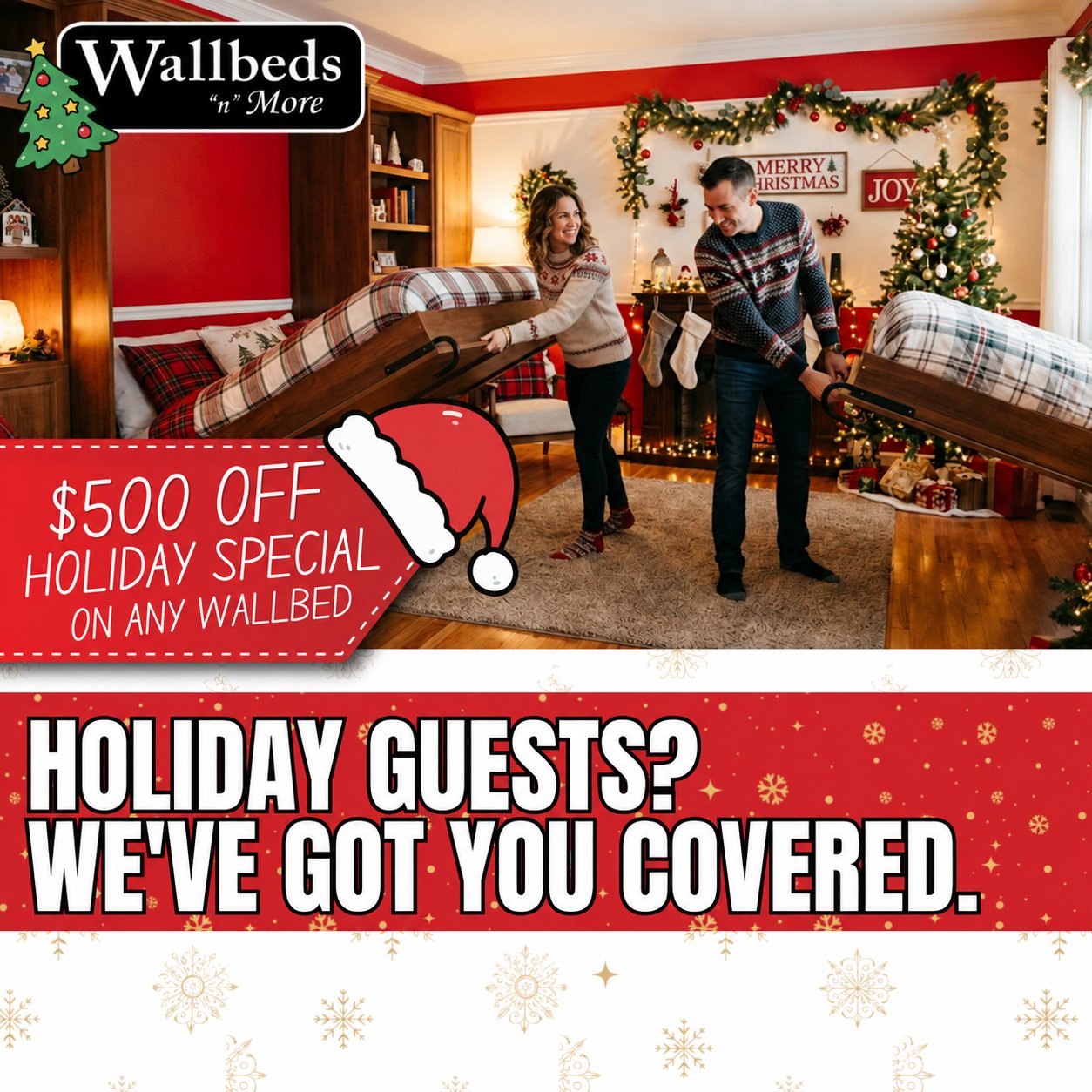 Couple lowering a wallbed in a holiday-decorated room – holiday guests covered