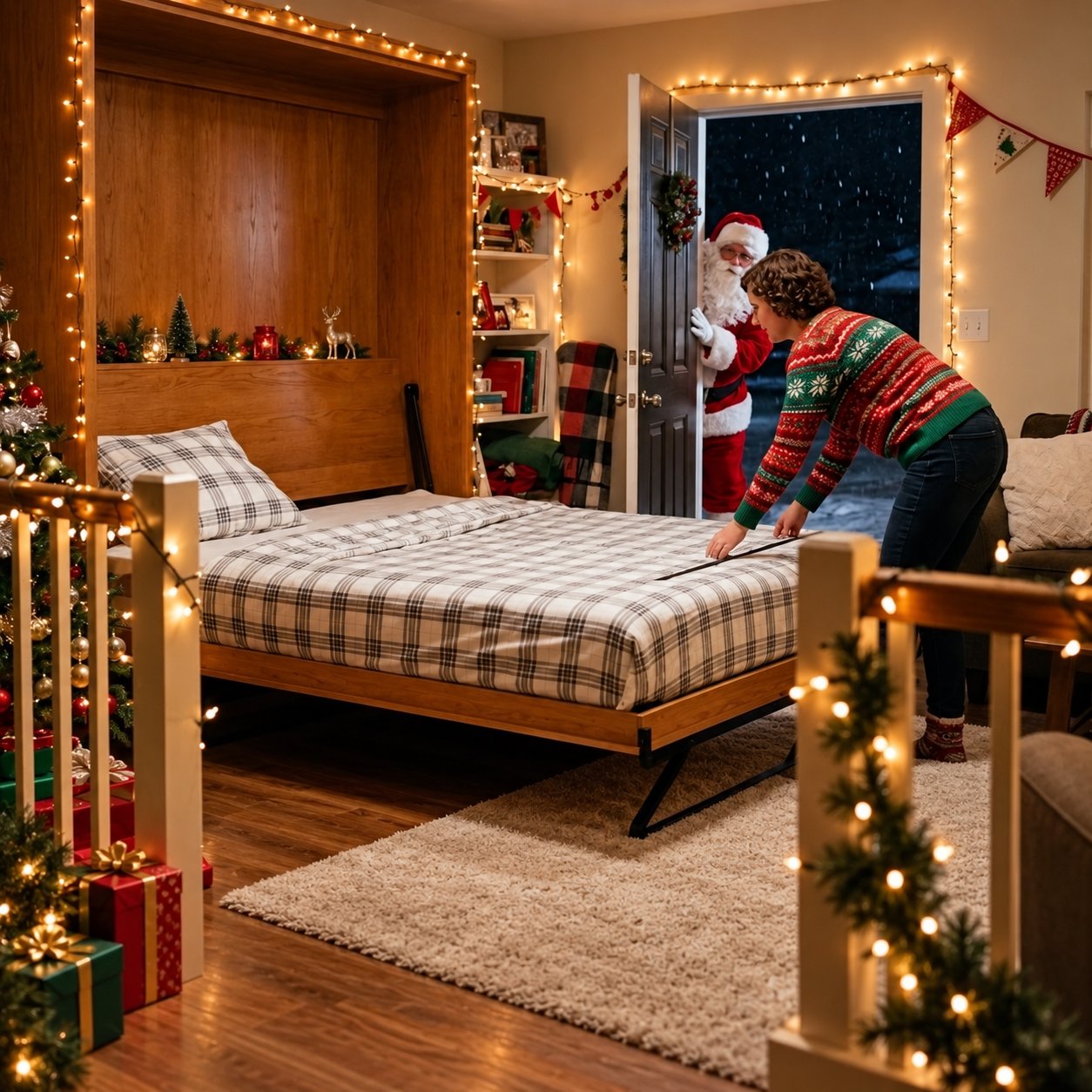 Wallbed made up for guests as Santa arrives at the door