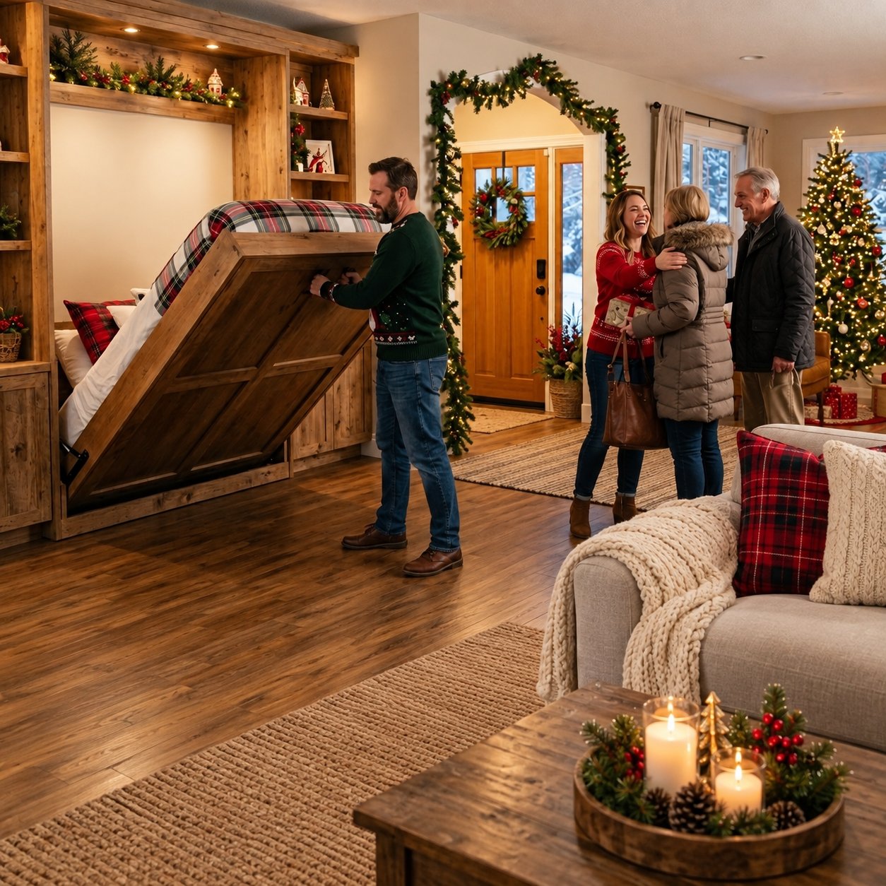 Man lowering a wallbed as holiday guests arrive