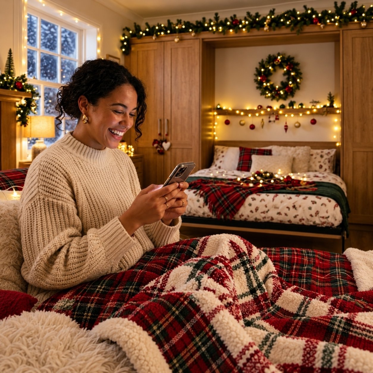 Woman texting holiday guests from a cozy wallbed guest room