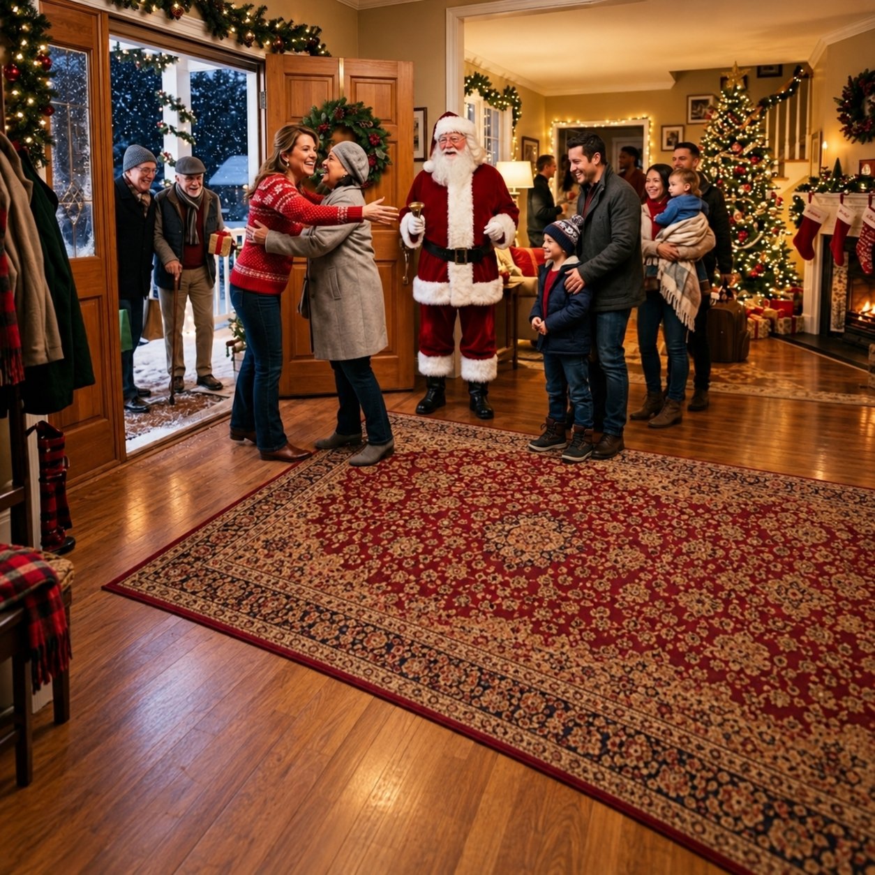 Family and Santa welcoming holiday guests at the front door